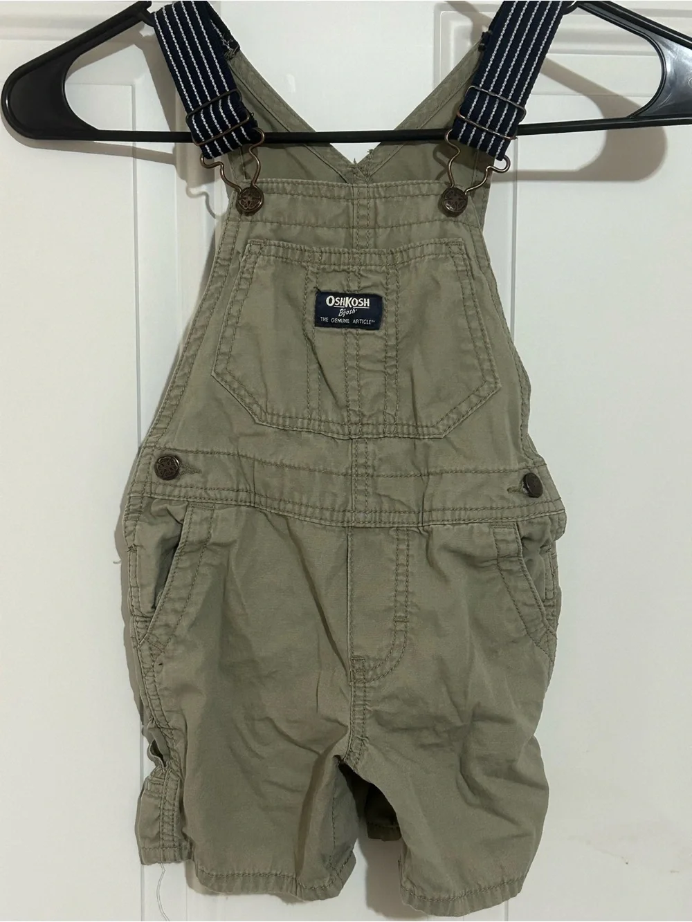 OshKosh B'gosh Olive Green Short Overalls with Navy Striped Straps